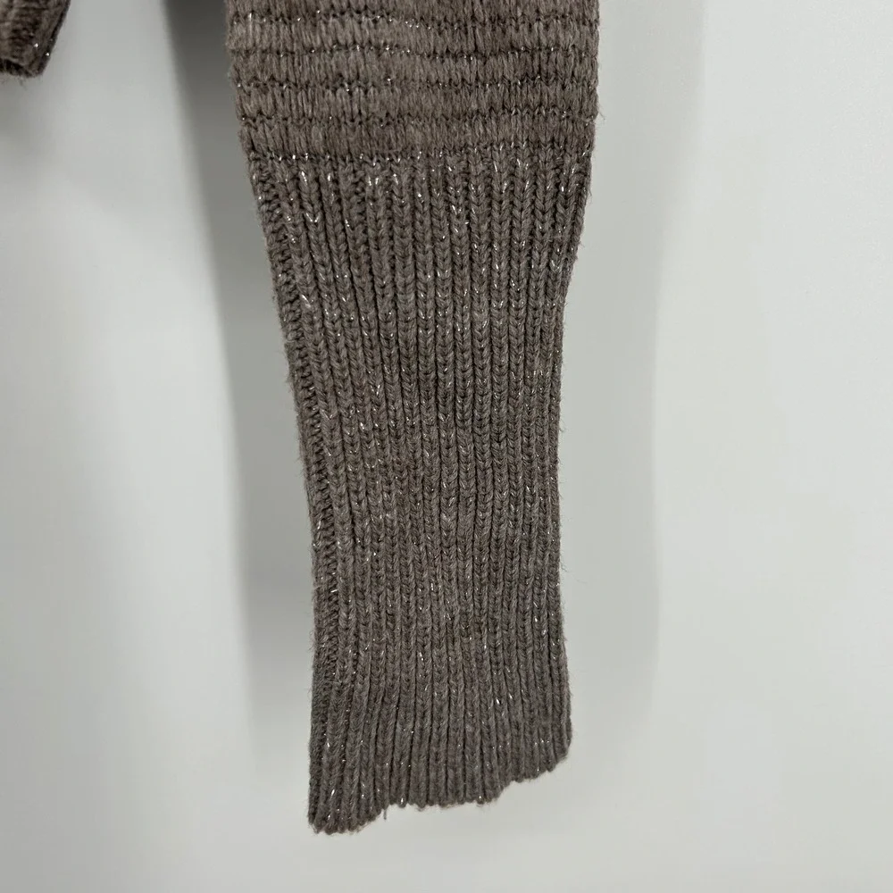 Express Womens Taupe Brown Metallic Shimmer Mock Neck Cropped Sweater Small 0880